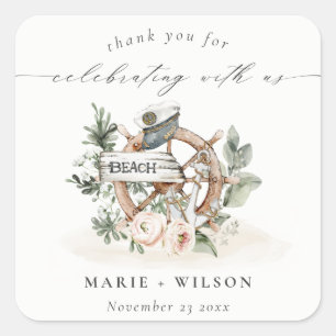 Rustige Nautical Anchor Wheel Leafy Floral Wedding Vierkante Sticker