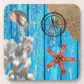 Rustige Nautical Blue Wood Burlap Starfish Bier Onderzetter (Voorkant)