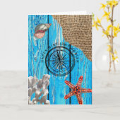 Rustige Nautical Blue Wood Burlap Starfish Birthda Kaart (Gele Bloem)