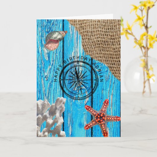Rustige Nautical Blue Wood Burlap Starfish Birthda Kaart (Gele Bloem)
