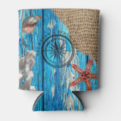 Rustige Nautical Blue Wood Burlap Starfish Blikjeskoeler (Voorkant)