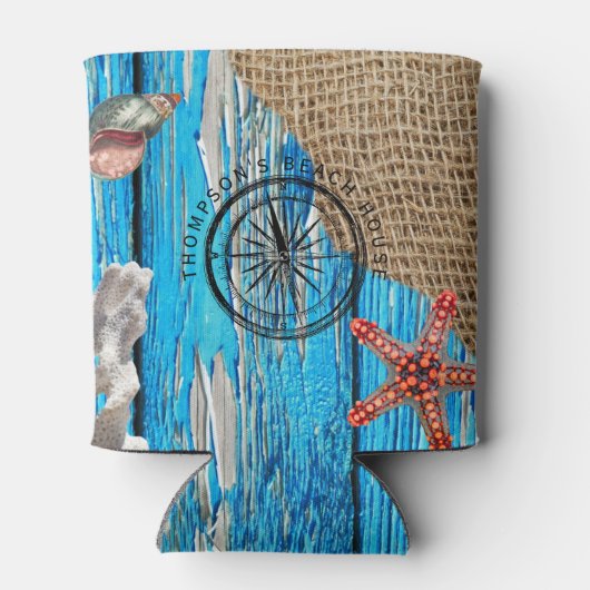 Rustige Nautical Blue Wood Burlap Starfish Blikjeskoeler (Achterkant)