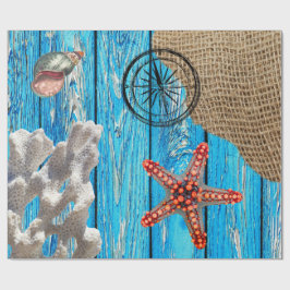 Rustige Nautical Blue Wood Burlap Starfish Cadeaupapier