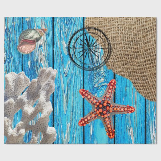 Rustige Nautical Blue Wood Burlap Starfish Cadeaupapier (Vlak)