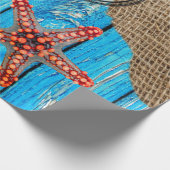 Rustige Nautical Blue Wood Burlap Starfish Cadeaupapier (Hoek)