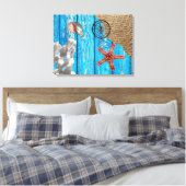 Rustige Nautical Blue Wood Burlap Starfish Canvas Afdruk (Insitu (Slaapkamer))