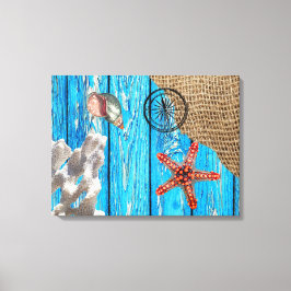 Rustige Nautical Blue Wood Burlap Starfish Canvas Afdruk