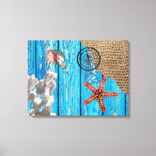 Rustige Nautical Blue Wood Burlap Starfish Canvas Afdruk (Voorkant)