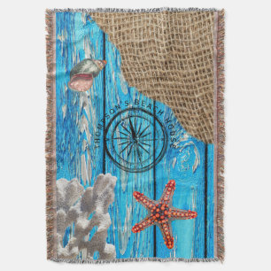 Rustige Nautical Blue Wood Burlap Starfish Deken