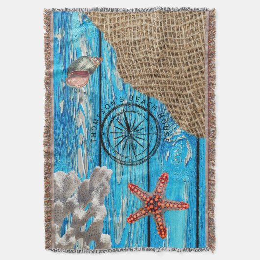 Rustige Nautical Blue Wood Burlap Starfish Deken (Voorkant Verticaal)