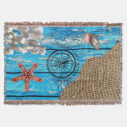 Rustige Nautical Blue Wood Burlap Starfish Deken (Voorkant)