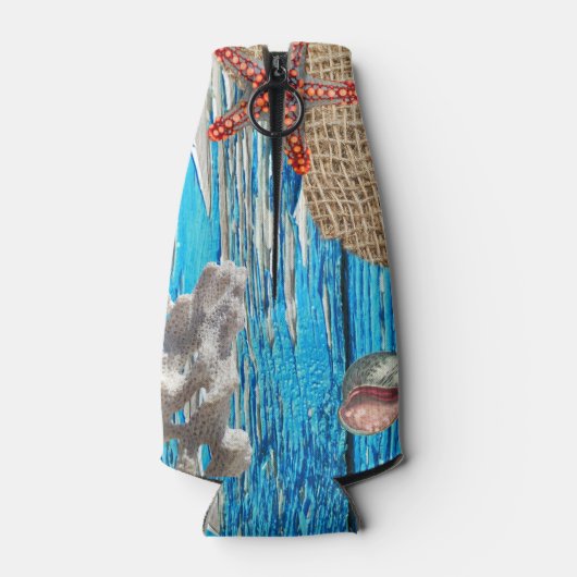 Rustige Nautical Blue Wood Burlap Starfish Flesjeskoeler (Achterkant)