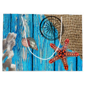 Rustige Nautical Blue Wood Burlap Starfish Groot Cadeauzakje (Achterkant)
