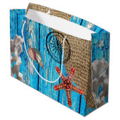 Rustige Nautical Blue Wood Burlap Starfish Groot Cadeauzakje (Achterkant Gekanteld)
