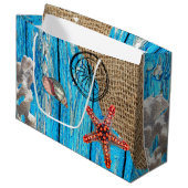 Rustige Nautical Blue Wood Burlap Starfish Groot Cadeauzakje (Voorkant Gekanteld)