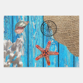 Rustige Nautical Blue Wood Burlap Starfish Inpakpapier Vel