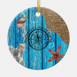 Rustige Nautical Blue Wood Burlap Starfish Keramisch Ornament