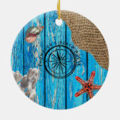 Rustige Nautical Blue Wood Burlap Starfish Keramisch Ornament (Achterkant)