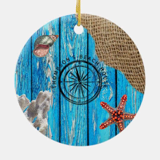 Rustige Nautical Blue Wood Burlap Starfish Keramisch Ornament (Achterkant)