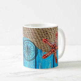Rustige Nautical Blue Wood Burlap Starfish Koffiemok