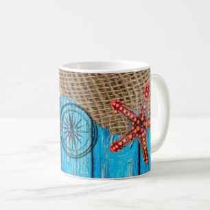Rustige Nautical Blue Wood Burlap Starfish Koffiemok