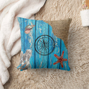 Rustige Nautical Blue Wood Burlap Starfish Kussen