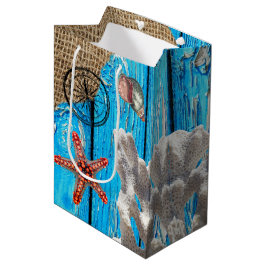 Rustige Nautical Blue Wood Burlap Starfish Medium Cadeauzakje