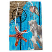 Rustige Nautical Blue Wood Burlap Starfish Medium Cadeauzakje (Voorkant)