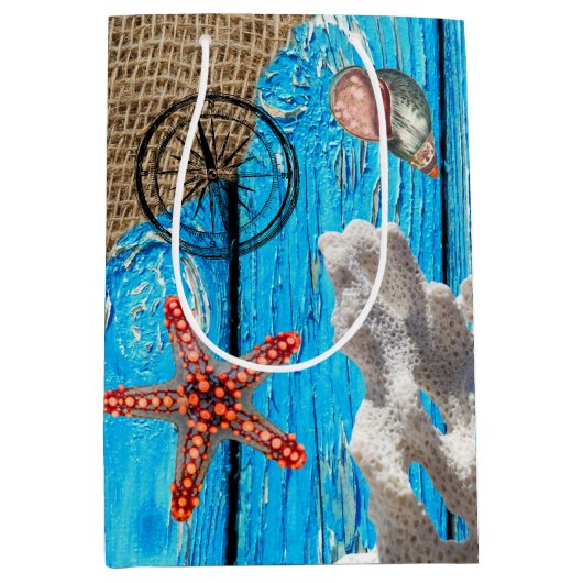 Rustige Nautical Blue Wood Burlap Starfish Medium Cadeauzakje (Voorkant)