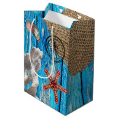 Rustige Nautical Blue Wood Burlap Starfish Medium Cadeauzakje (Achterkant Gekanteld)