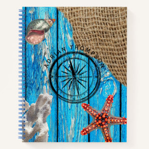 Rustige Nautical Blue Wood Burlap Starfish Notitieboek