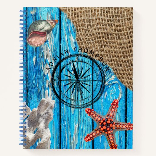 Rustige Nautical Blue Wood Burlap Starfish Notitieboek (Voorkant)