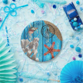 Rustige Nautical Blue Wood Burlap Starfish Papieren Bordje (Feest)