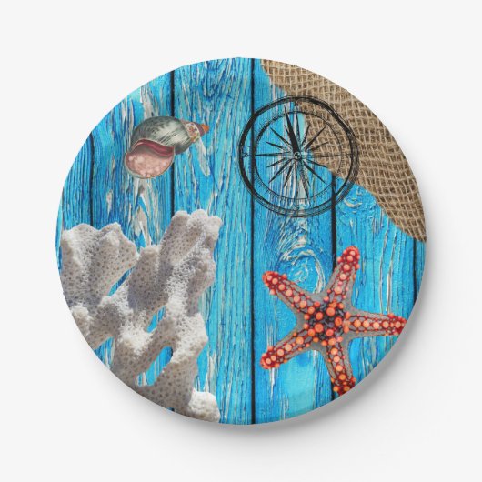 Rustige Nautical Blue Wood Burlap Starfish Papieren Bordje (Voorkant)