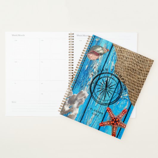 Rustige Nautical Blue Wood Burlap Starfish Planner (Display)