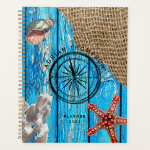 Rustige Nautical Blue Wood Burlap Starfish Planner