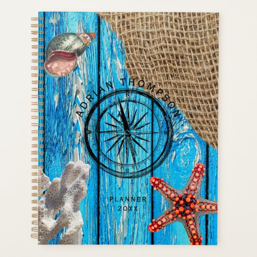 Rustige Nautical Blue Wood Burlap Starfish Planner (Voorkant)