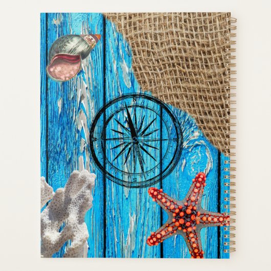 Rustige Nautical Blue Wood Burlap Starfish Planner (Achterkant)