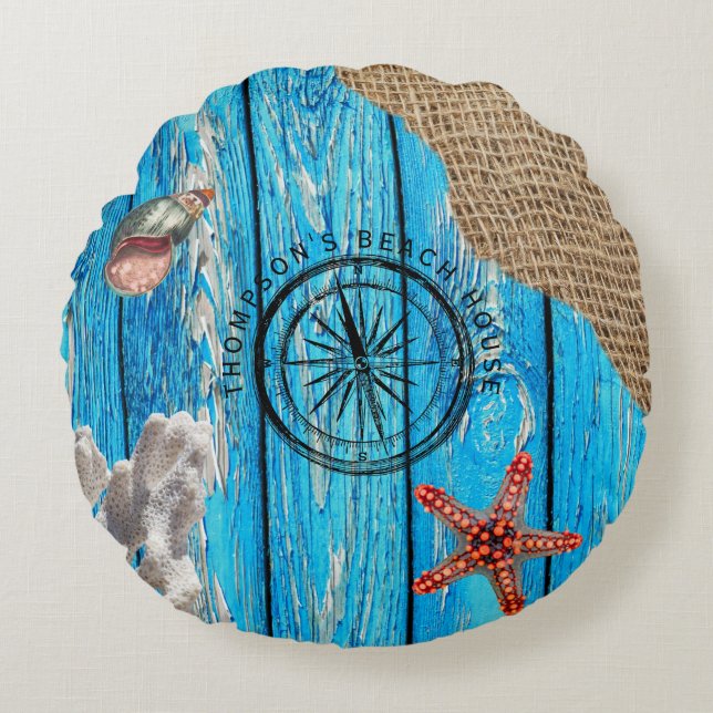Rustige Nautical Blue Wood Burlap Starfish Rond Kussen (Voorkant)
