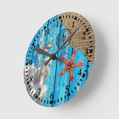 Rustige Nautical Blue Wood Burlap Starfish Ronde Klok (Hoek)