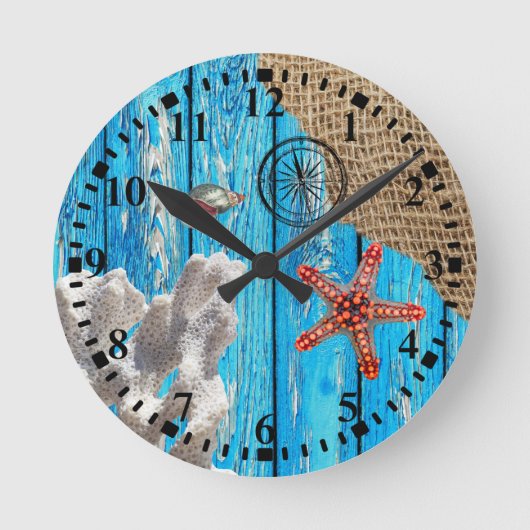 Rustige Nautical Blue Wood Burlap Starfish Ronde Klok (Voorkant)
