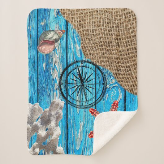 Rustige Nautical Blue Wood Burlap Starfish Sherpa Deken (Voorkant)