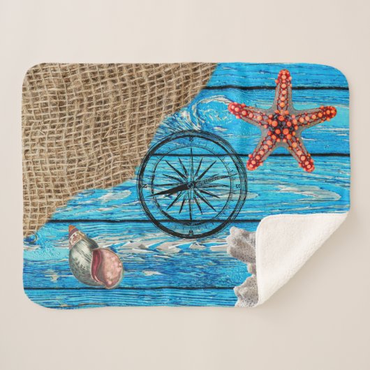 Rustige Nautical Blue Wood Burlap Starfish Sherpa Deken (Voorkant (horizontaal))
