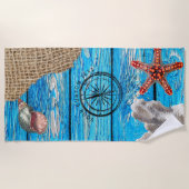 Rustige Nautical Blue Wood Burlap Starfish Strandlaken (Voorkant)