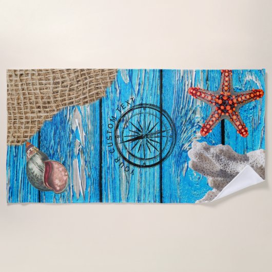 Rustige Nautical Blue Wood Burlap Starfish Strandlaken (Voorkant)