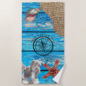 Rustige Nautical Blue Wood Burlap Starfish Strandlaken (Voorkant)