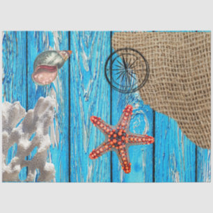 Rustige Nautical Blue Wood Burlap Starfish Tissuepapier