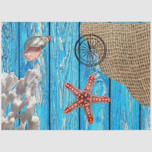 Rustige Nautical Blue Wood Burlap Starfish Tissuepapier (Voorkant)
