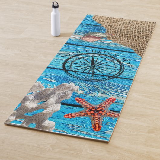 Rustige Nautical Blue Wood Burlap Starfish Yogamat (In situ)
