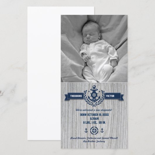 Rustige Nautische Baby geboorte Aankondiging (Voorkant / Achterkant)